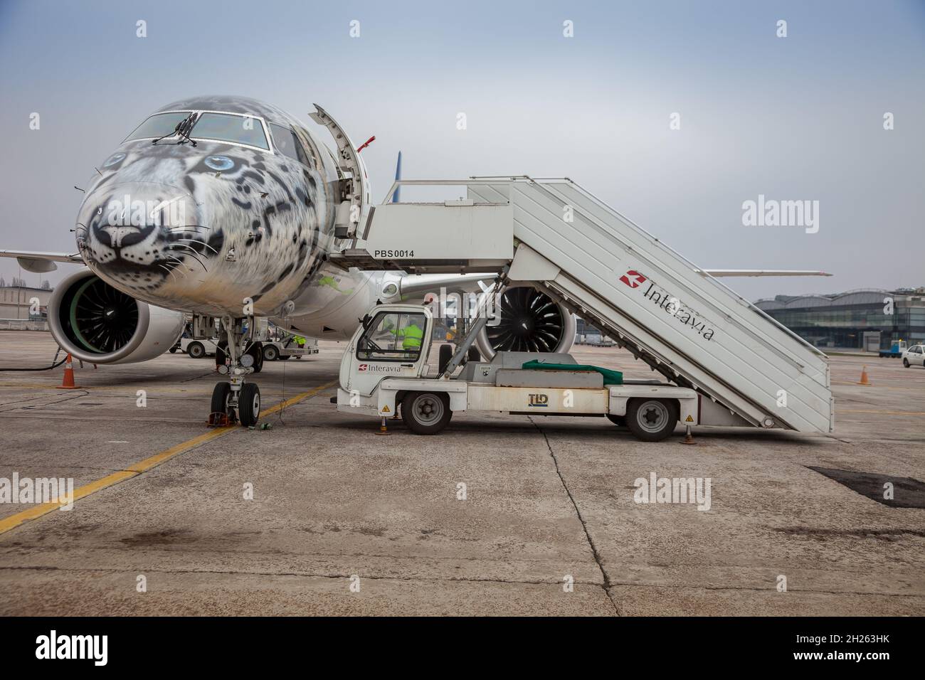 Kyiv, Ukraine - November 14, 2019: Airplane Embraer-190-E2 in the snow leopard livery. Airbrushing on the cockpit, livery - coloring by plane P4-KHA. Air Astana Kazakhstan. Fly in the Airport Stock Photo