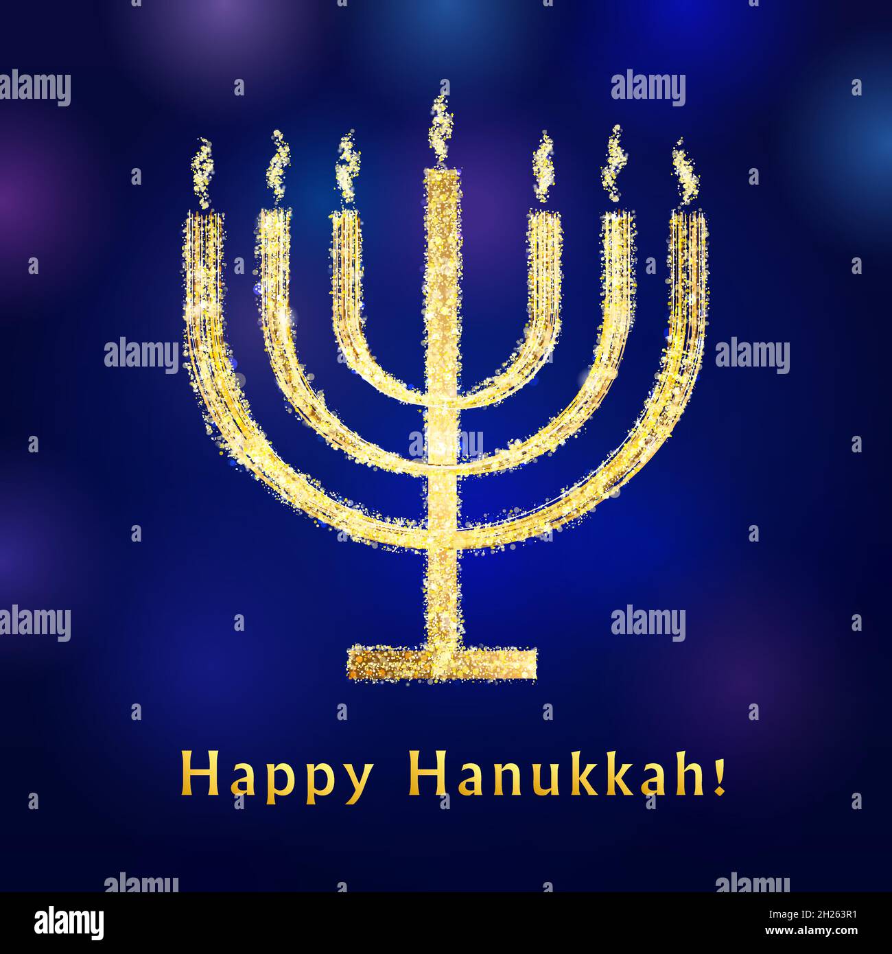 Happy Hanukkah sameah congrats. Isolated abstract graphic design template. Traditional religious chanukah elements, Happy Hanuka golden text. Night bl Stock Vector