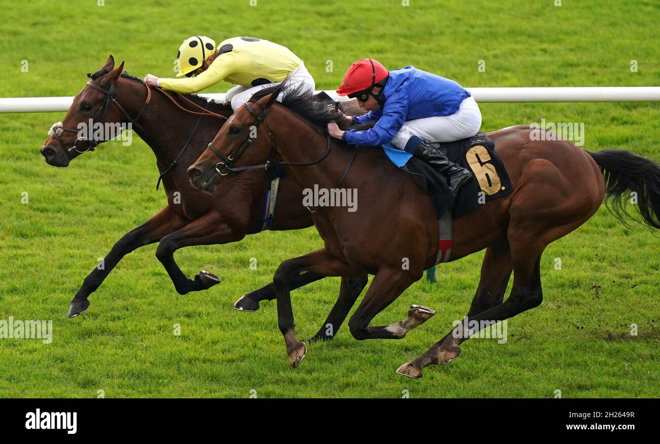 New London ridden by William Buick (front) before winning the Home of Racing Maiden Stakes ahead of Soul Stopper ridden by Andrea Atzeni at Newmarket Racecourse. Picture date: Wednesday October 20, 2021. Stock Photo