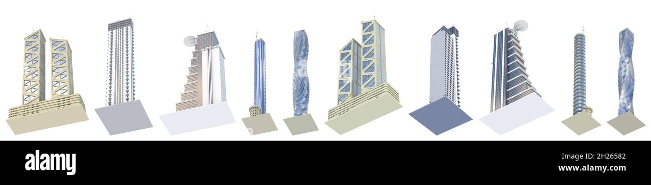 Set of high detailed commercial tall buildings with fictional design and cloudy sky reflection - isolated, low view 3d illustration of skyscrapers Stock Photo