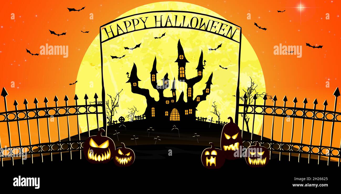 dark castle and cemetery in front of full moon with fence and archway with 'Happy Halloween' letters and other scary illustrated elements for Hallowee Stock Vector