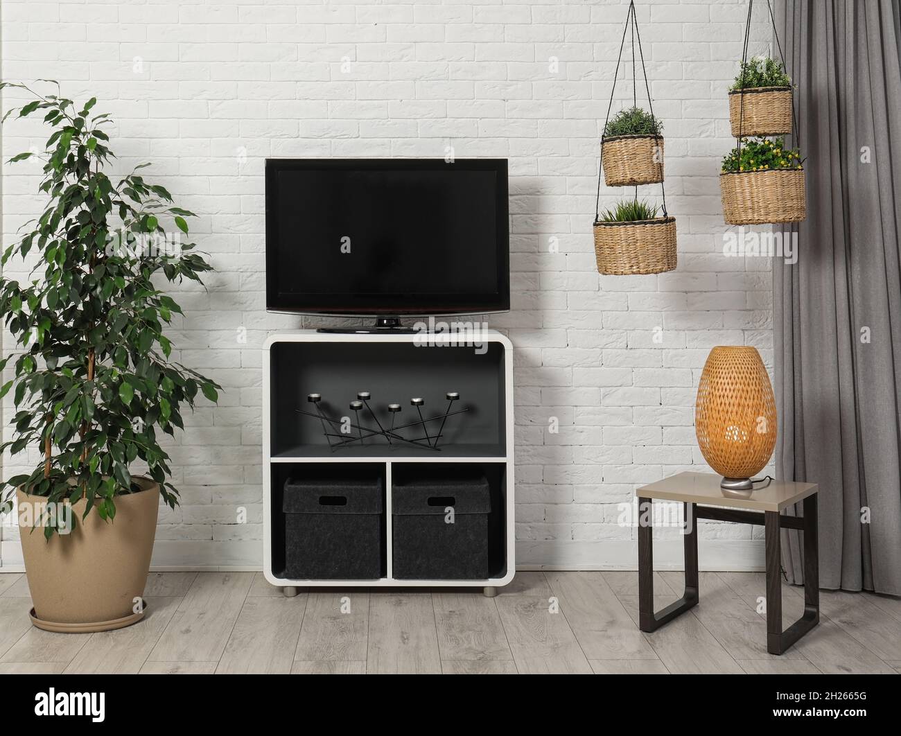 Living room interior with plasma TV near light wall Stock Photo - Alamy