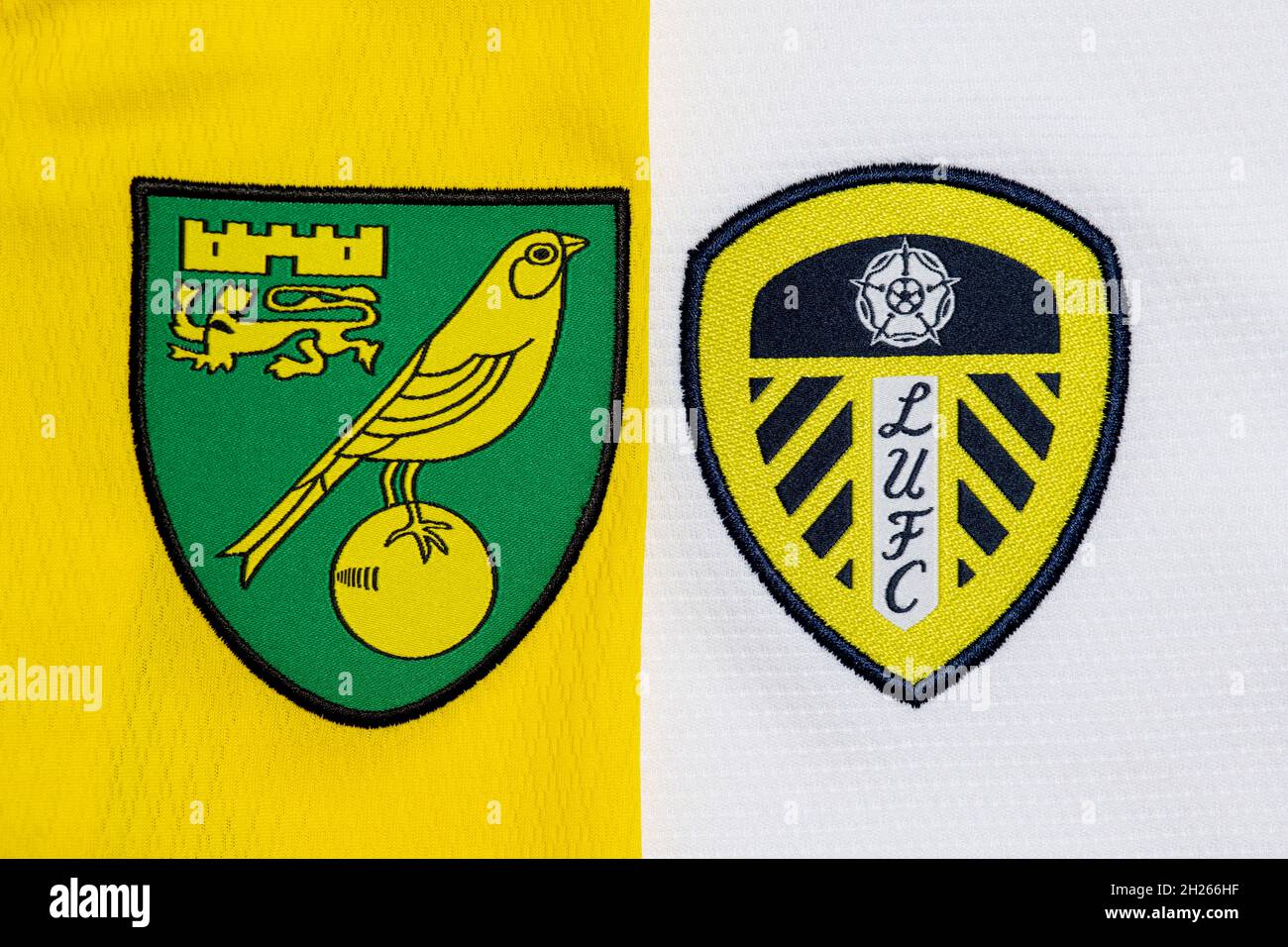 Close up of Norwich City & Leeds United club crest. Stock Photo