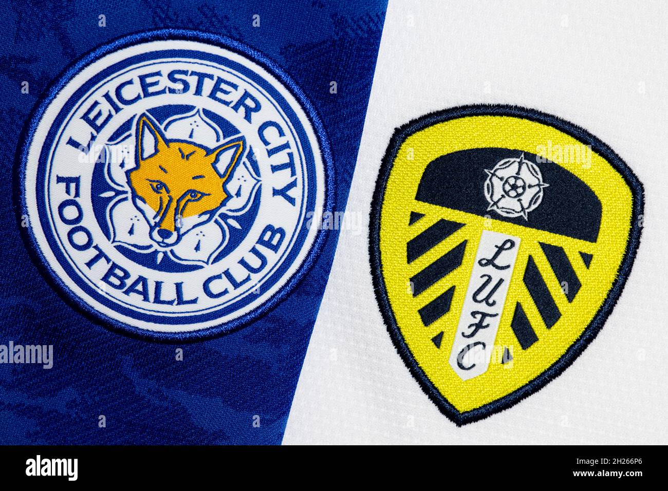 Close up of Leicester City & Leeds United club crest. Stock Photo