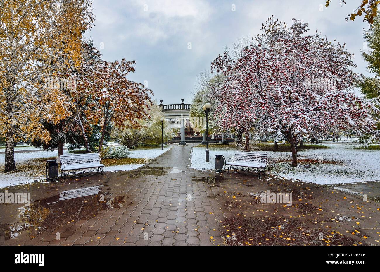 Cozy corner of autumn city park after first snowfall - late autumn or early winter landscape. Colorful fall foliage, red berries of rowan and wild app Stock Photo