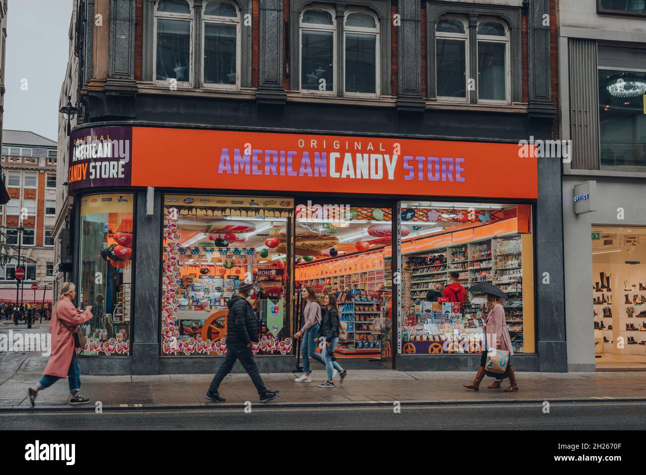London, UK - October 02, 2021: American Candy Store, one of the largest retailers of American sweets, drinks, chocolates, sodas and groceries in UK, o Stock Photo