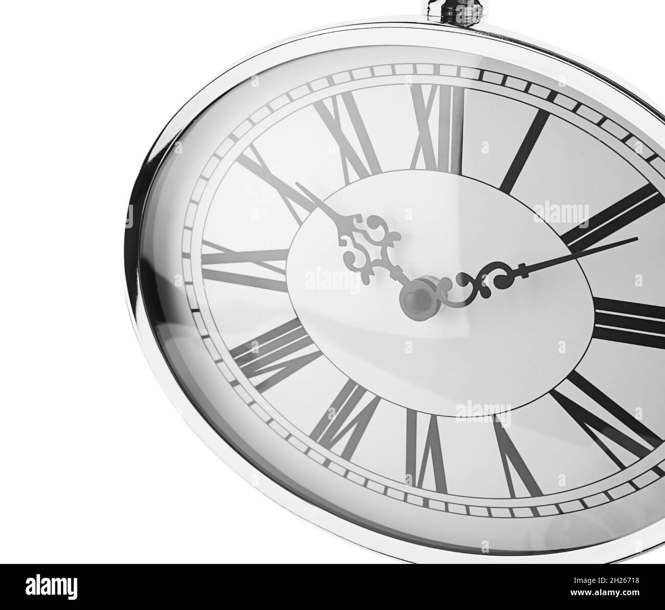 Retro clock on white background. Time change concept Stock Photo Alamy