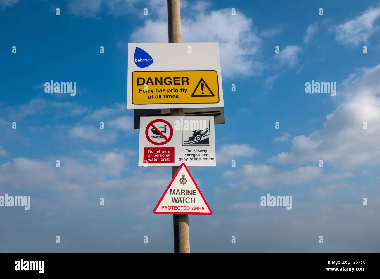 Danger warning signs on the quay at Orford Ness Suffolk Stock Photo