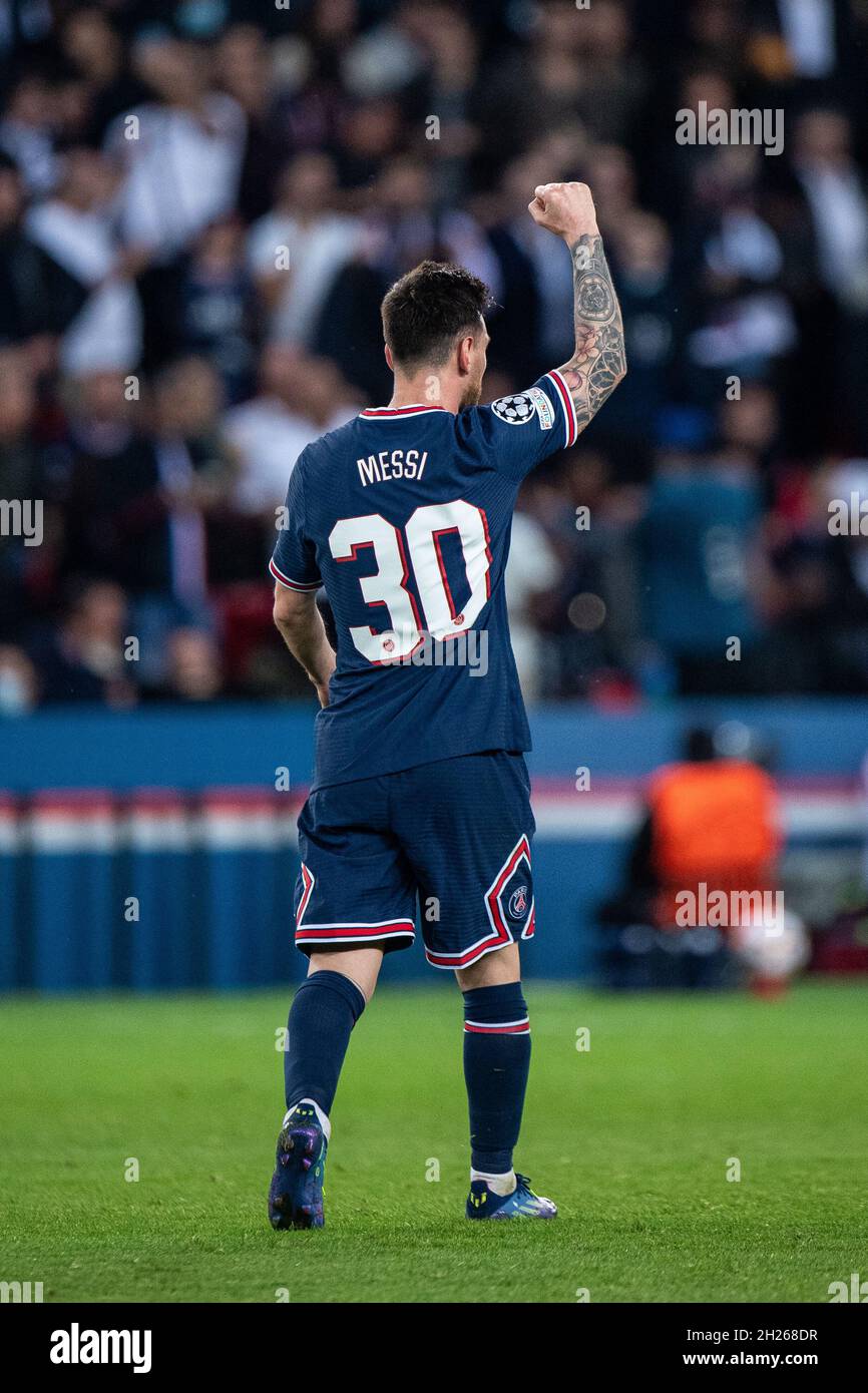 PARIS, FRANCE - OCTOBER 19 Lionel Messi of Paris Saint-Germain celebrate after scoring hes 2nd goal during the UEFA Champions League group A match b Stock Photo
