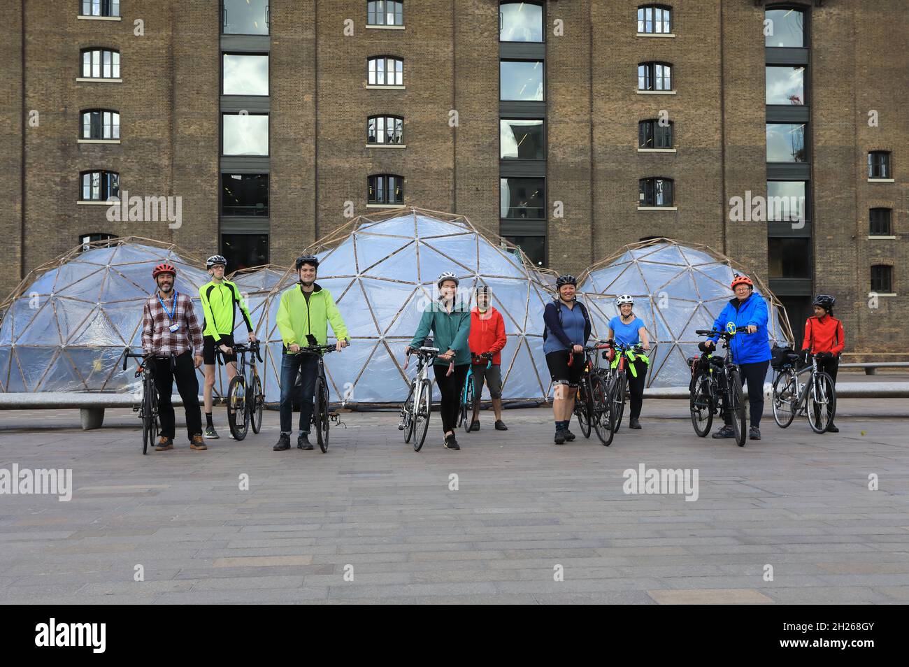 London, UK, October 20th 2021. Ride for Their Lives : NHS childrens' doctors and paediatricians prepare to cycle to COP26, standing by the Pollution Pods on Granary Square, part of the project. Once in Glasgow they will deliver a Healthy Climate Prescription to world leaders. Credit: Monica Wells/Alamy Live News Stock Photo