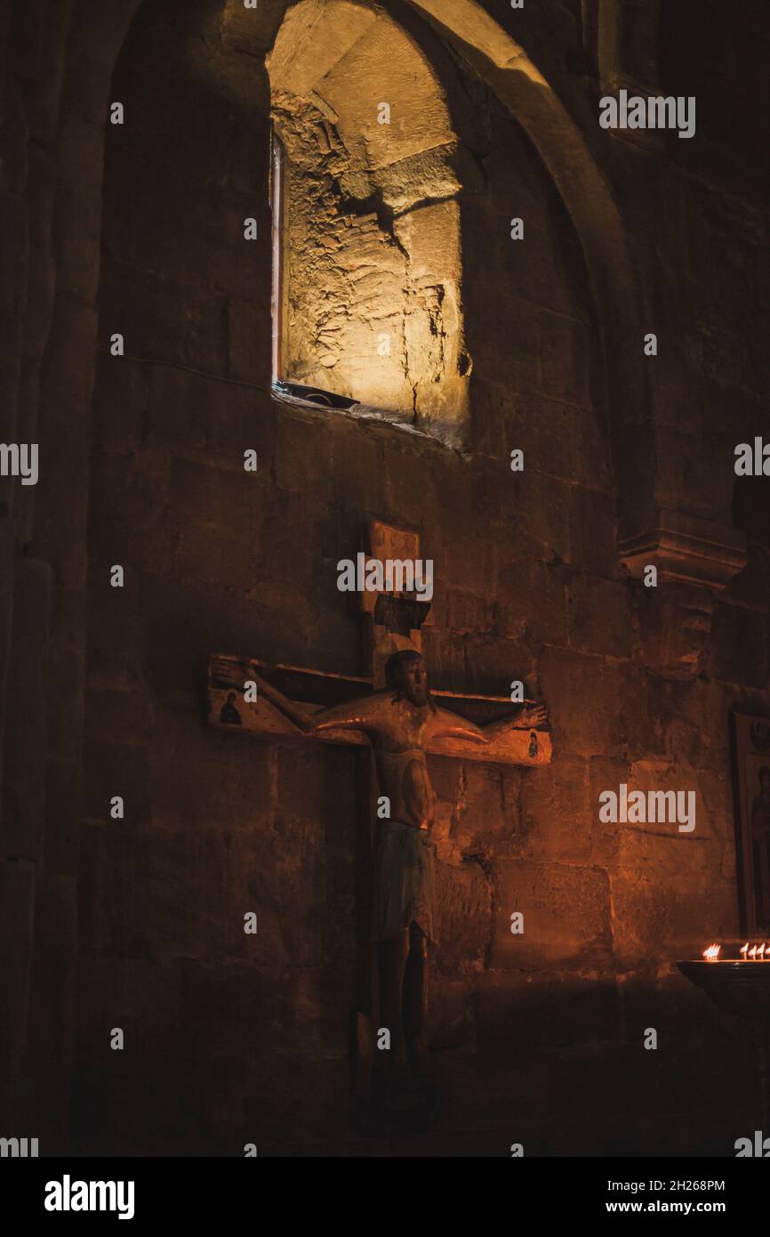 Interior of an ancient Christian cathedral in Georgia. Old orthodox cathedral inside. Antique cross in church Stock Photo