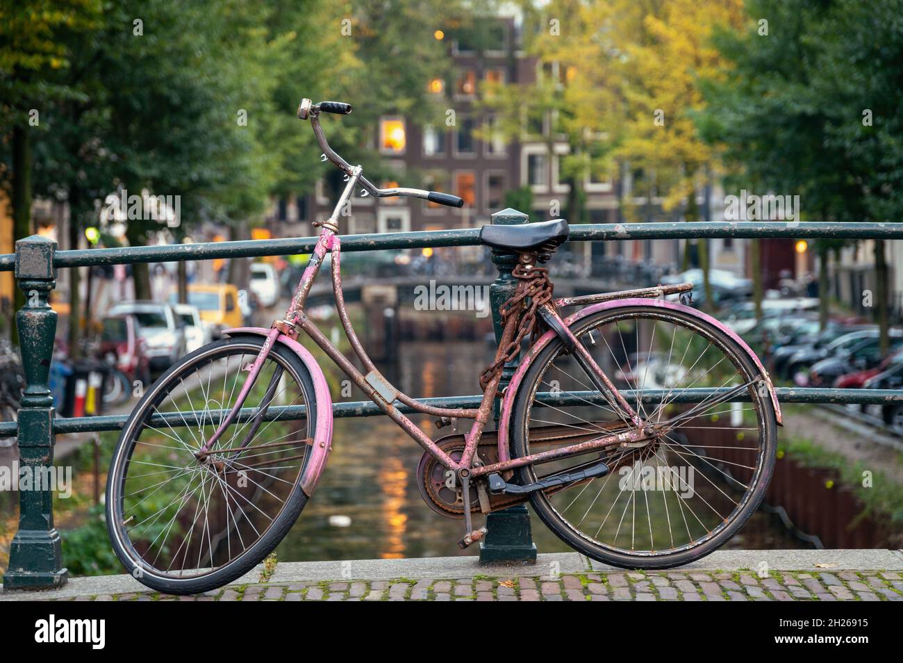 Bicycle on a bridge in Amsterdam, Holland Stock Photo