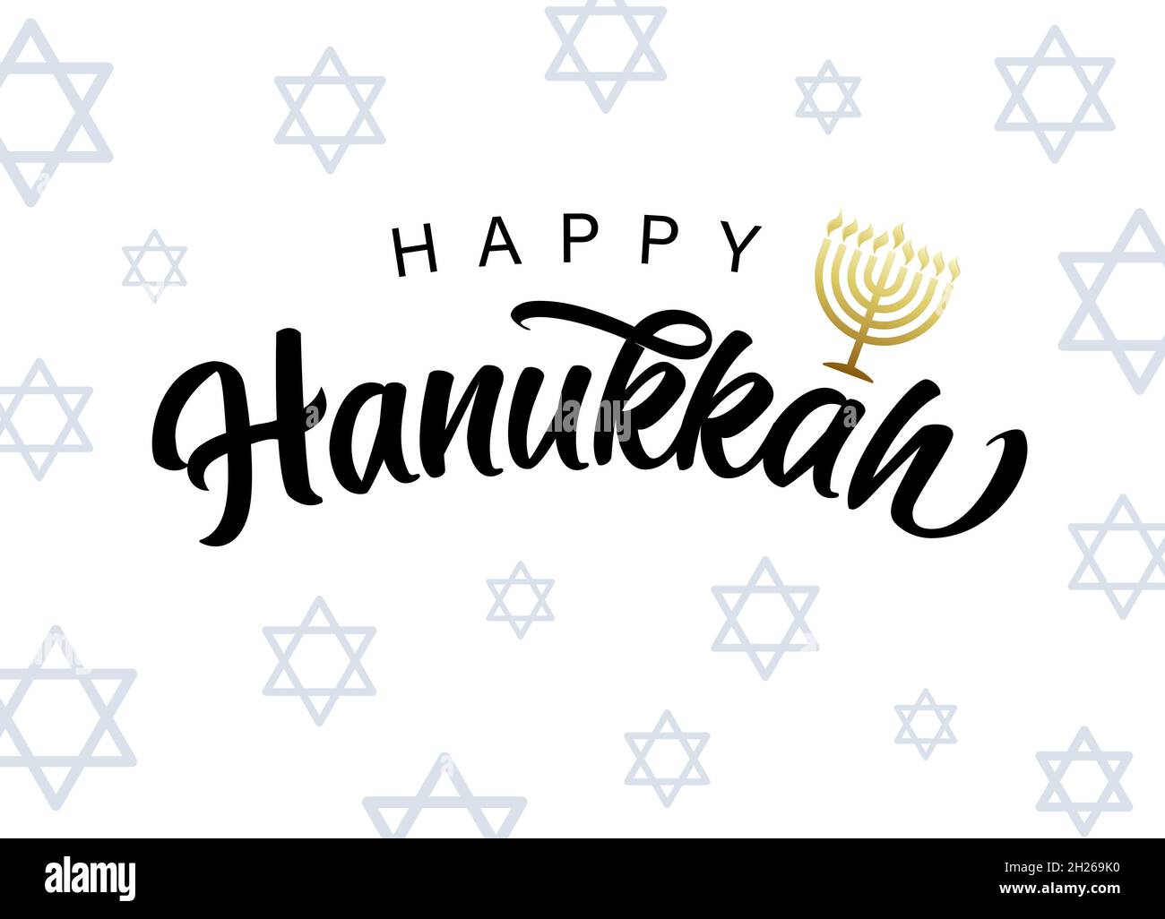 Happy Hanukkah lettering, golden menorah and david stars. Hanukka gold