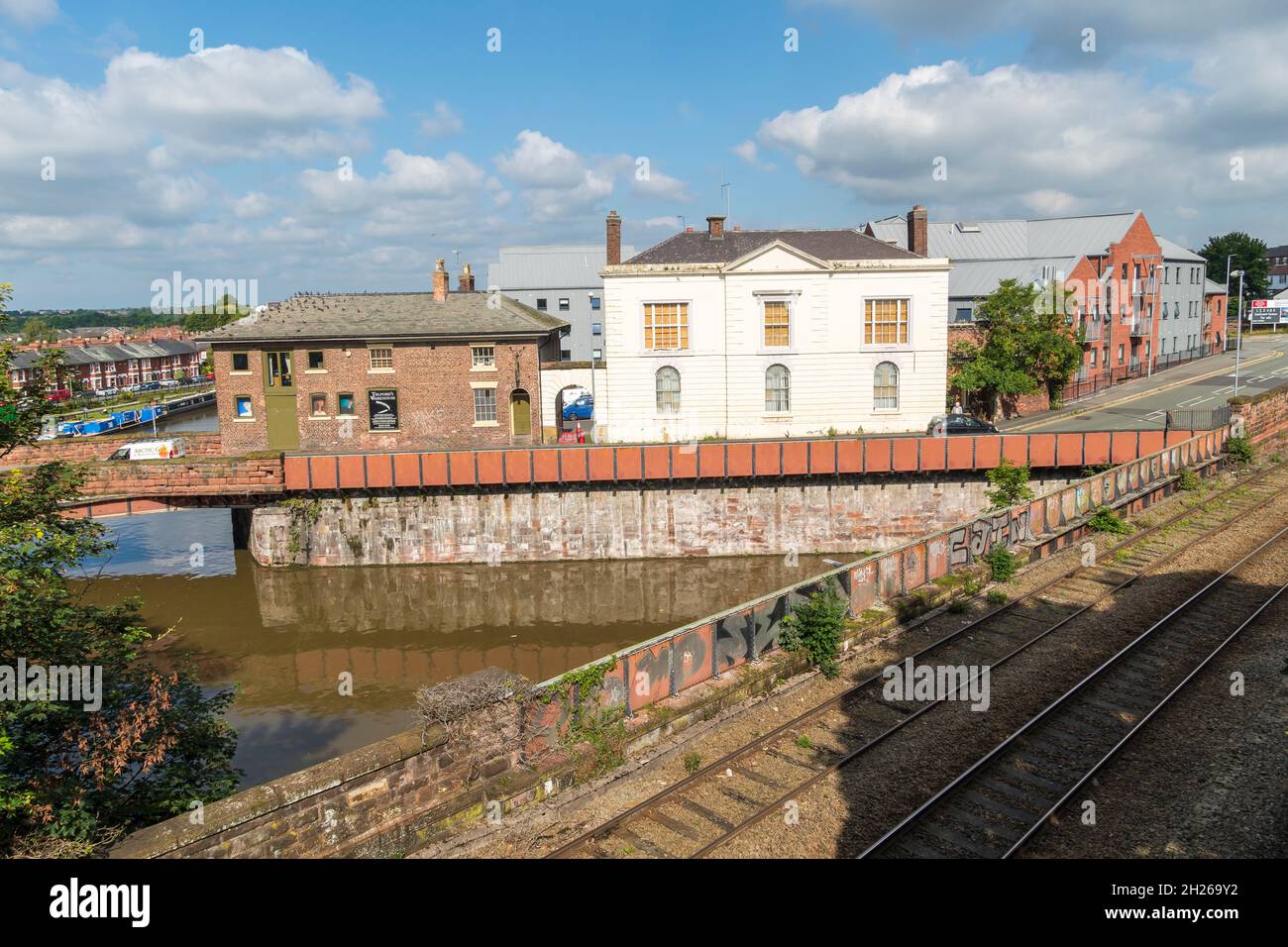 View North from Chester city wall walk of Road, railway and canal 2021 Stock Photo