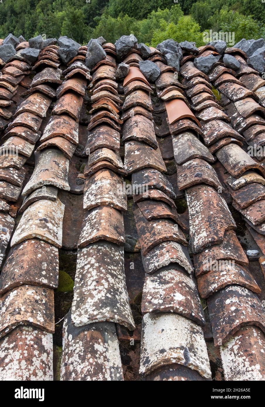 Old weathered ceramic tiled roof Stock Photo