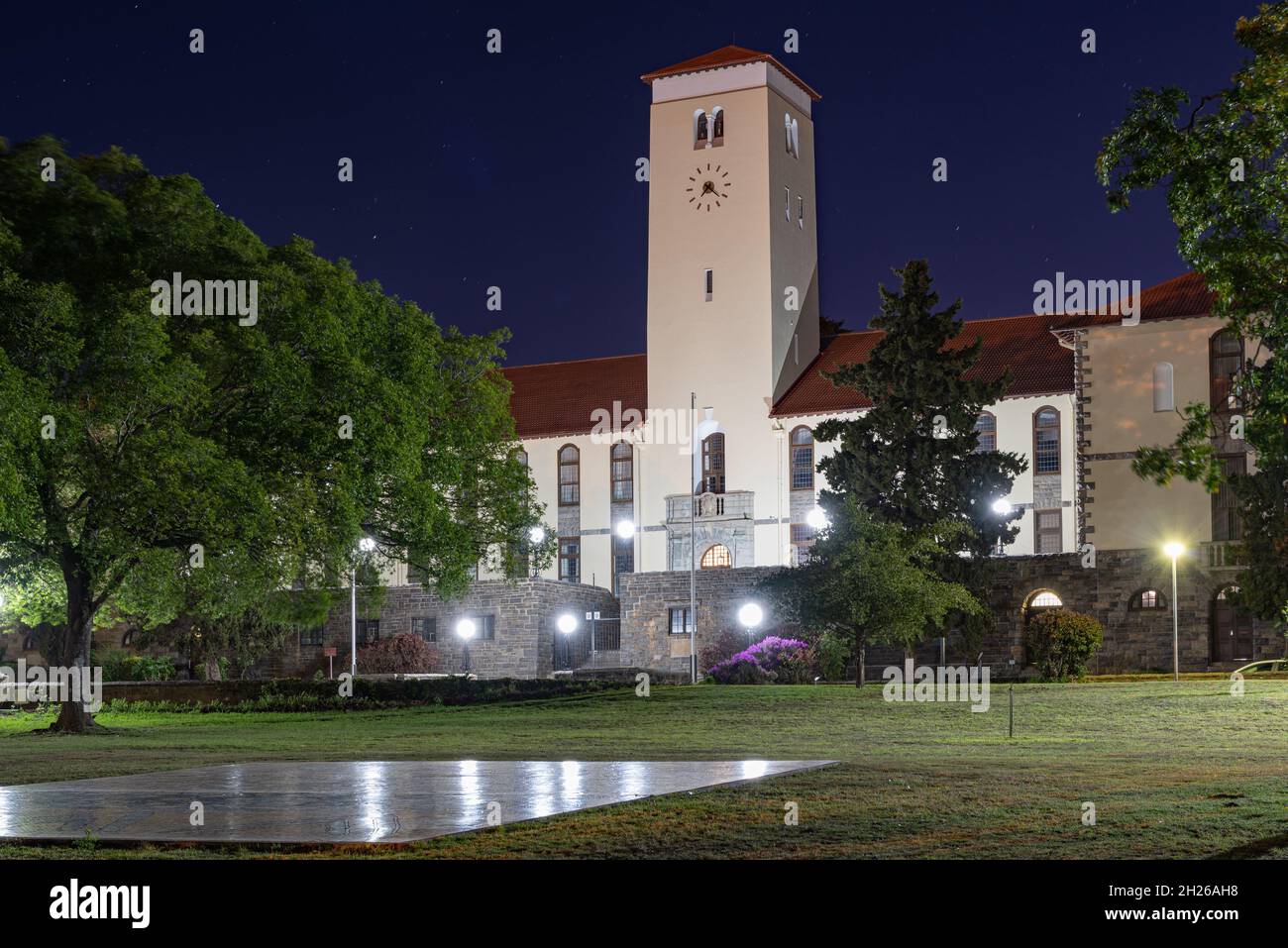 Main administration building and clock tower of Rhodes University designed by Sir Herbert Baker, Grahamstown/Makhanda, South Africa, 19 October 2021. Stock Photo