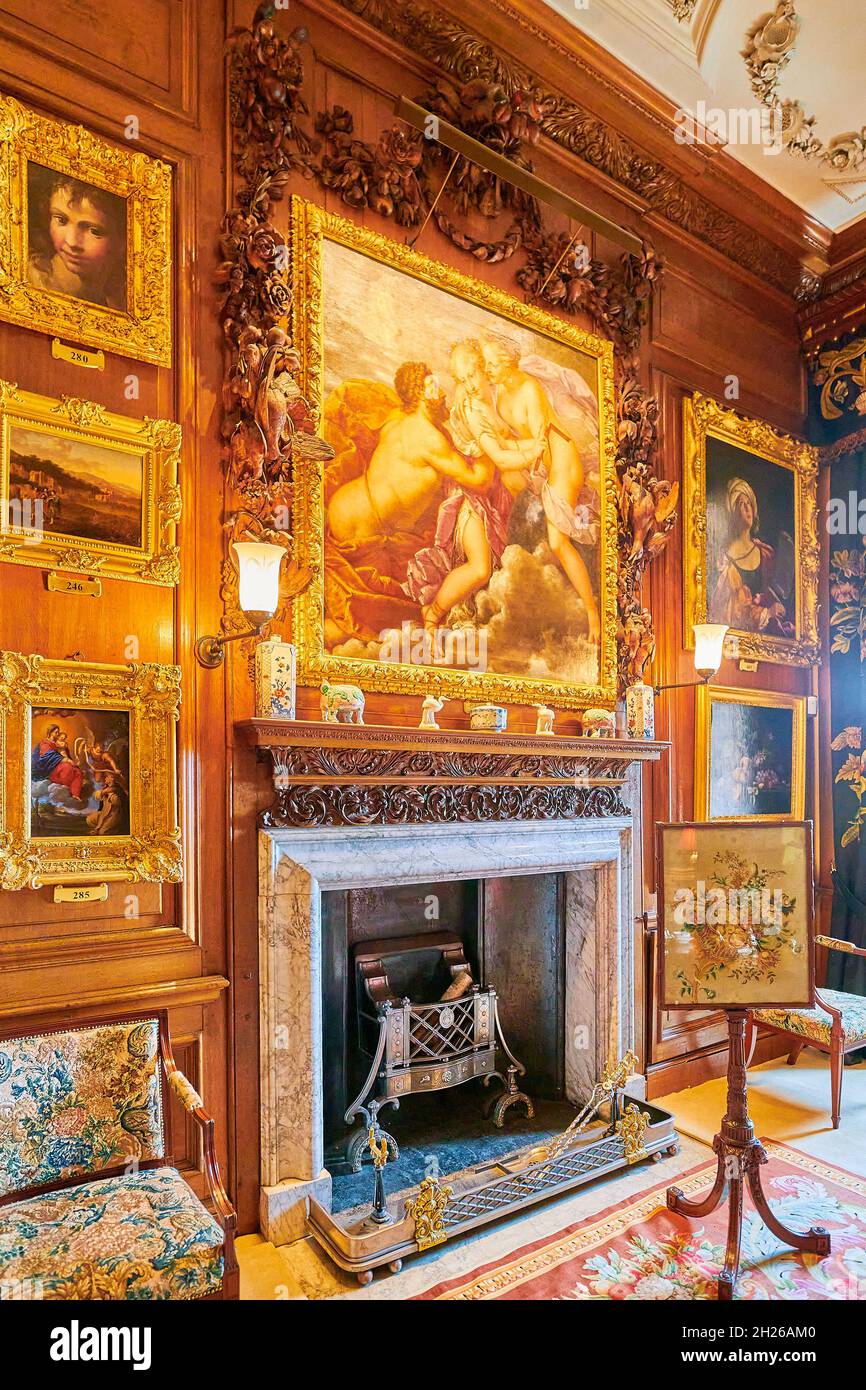 Fireplace at Burghley House, an elizabethan mansion built by William Cecil, Lord Burghley, at Stamford in 16 century England. Stock Photo