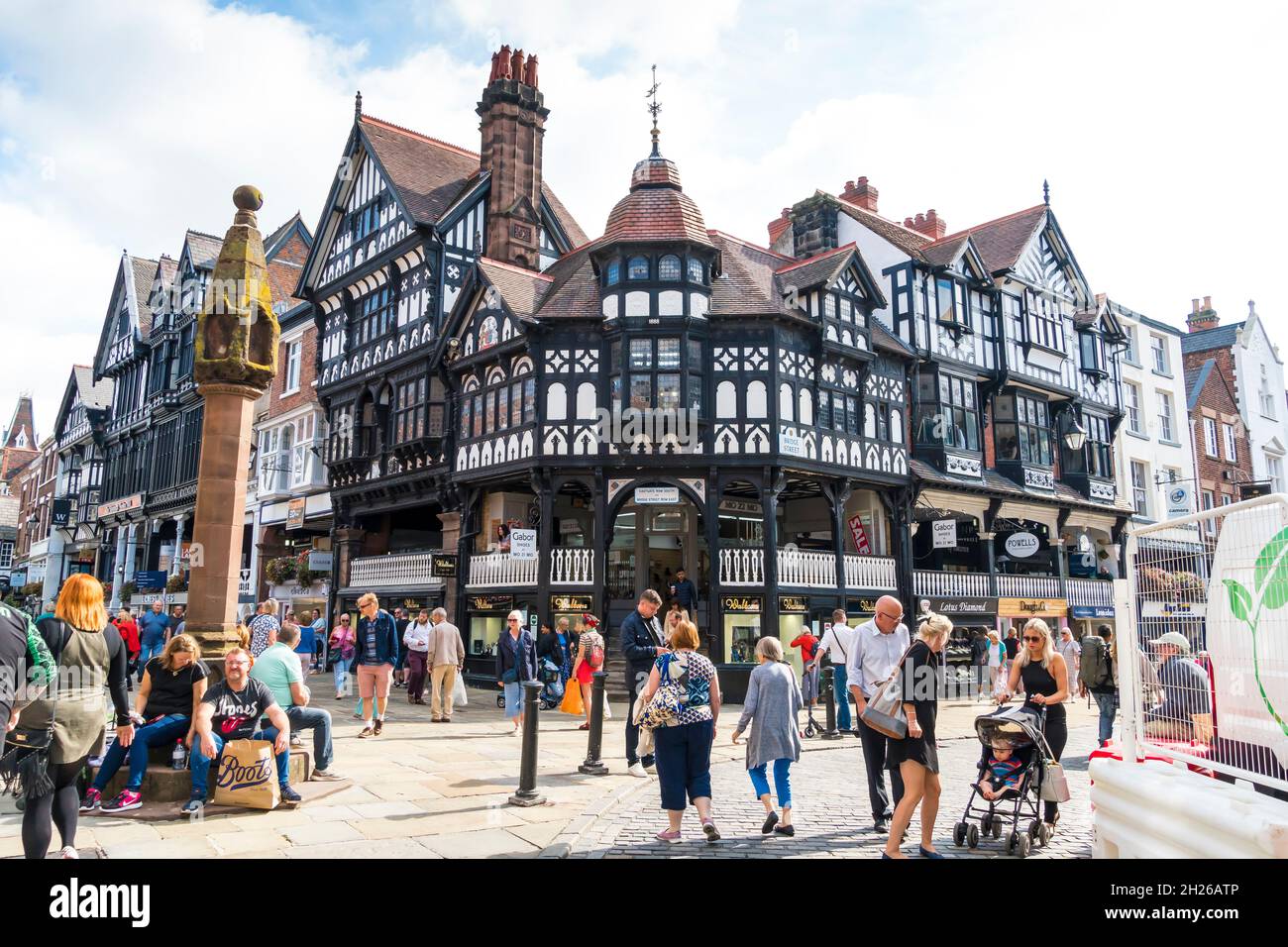 Bridge street and Eastgate corner chester city the rows shopping 2021 Stock Photo