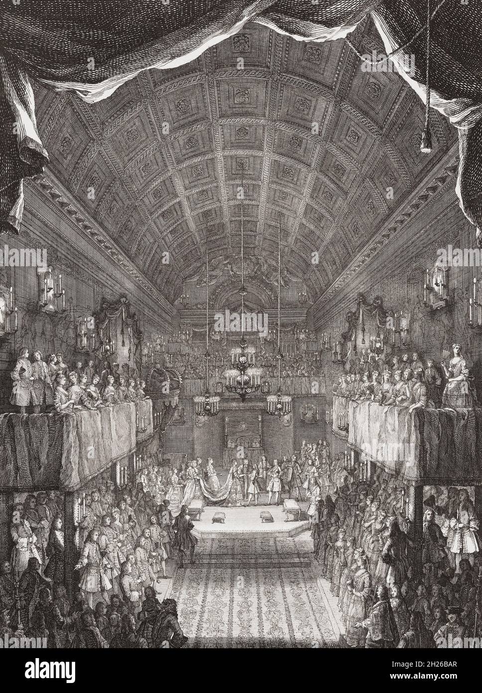 The marriage in 1734 of Anna, Princess Royal and Princess of Orange to William IV, Prince of Orange in the Chapel Royal at St. James's Palace, London, England.  Anna, Princess Royal, 1709 - 1759, daughter of King George II of England.  William IV, Prince of Orange, 1711 -1751, son of John William Friso, Prince of Orange.  After an 18th century print by Jacques Rigaud from a work by William Kent. Stock Photo