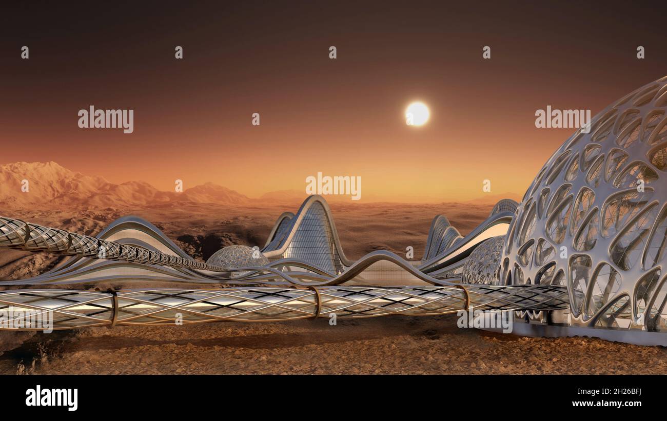 Futuristic architecture, 3d illustration on a Mars like, red planet with metallic habitation structures, domes, transportation tubes on a mountain bac Stock Photo