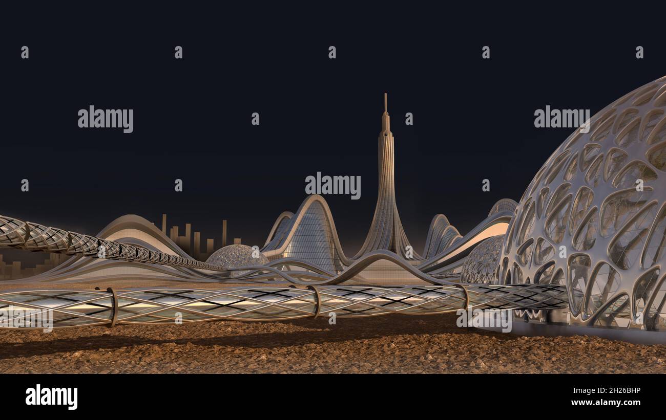 3D Rendering of a Mars base colony skyline with futuristic architecture, isolated on black with the clipping path included in the file for space explo Stock Photo