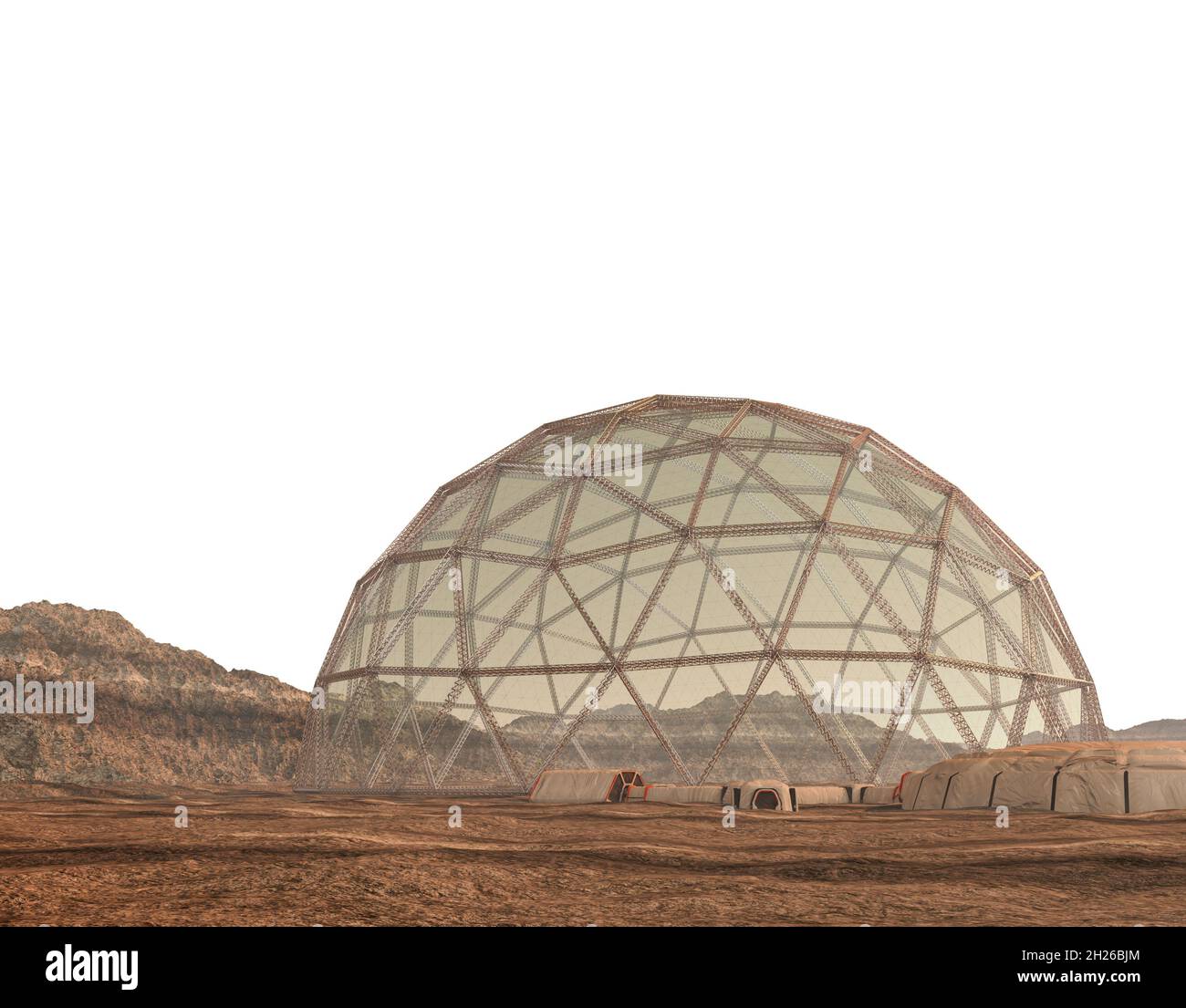3D geodesic dome, entry airlocks and a mountainous horizon for Mars outpost colony illustrations or space exploration backgrounds, with the outline cl Stock Photo