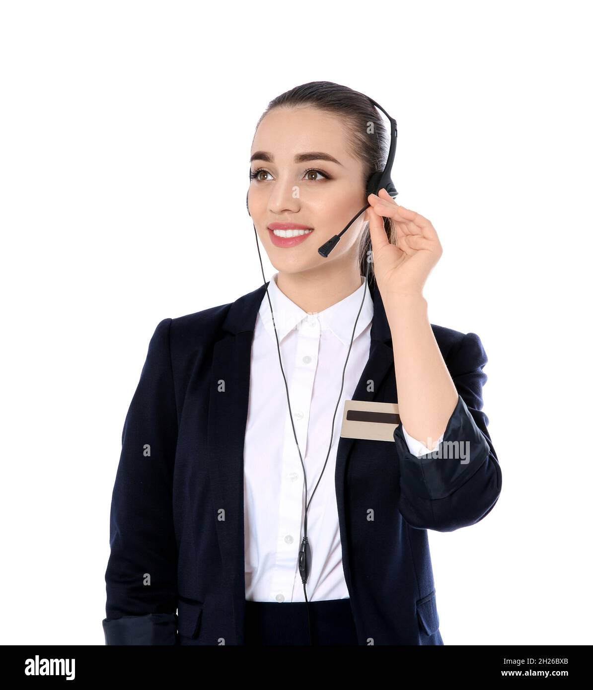 Female receptionist with headset on white background Stock Photo Alamy