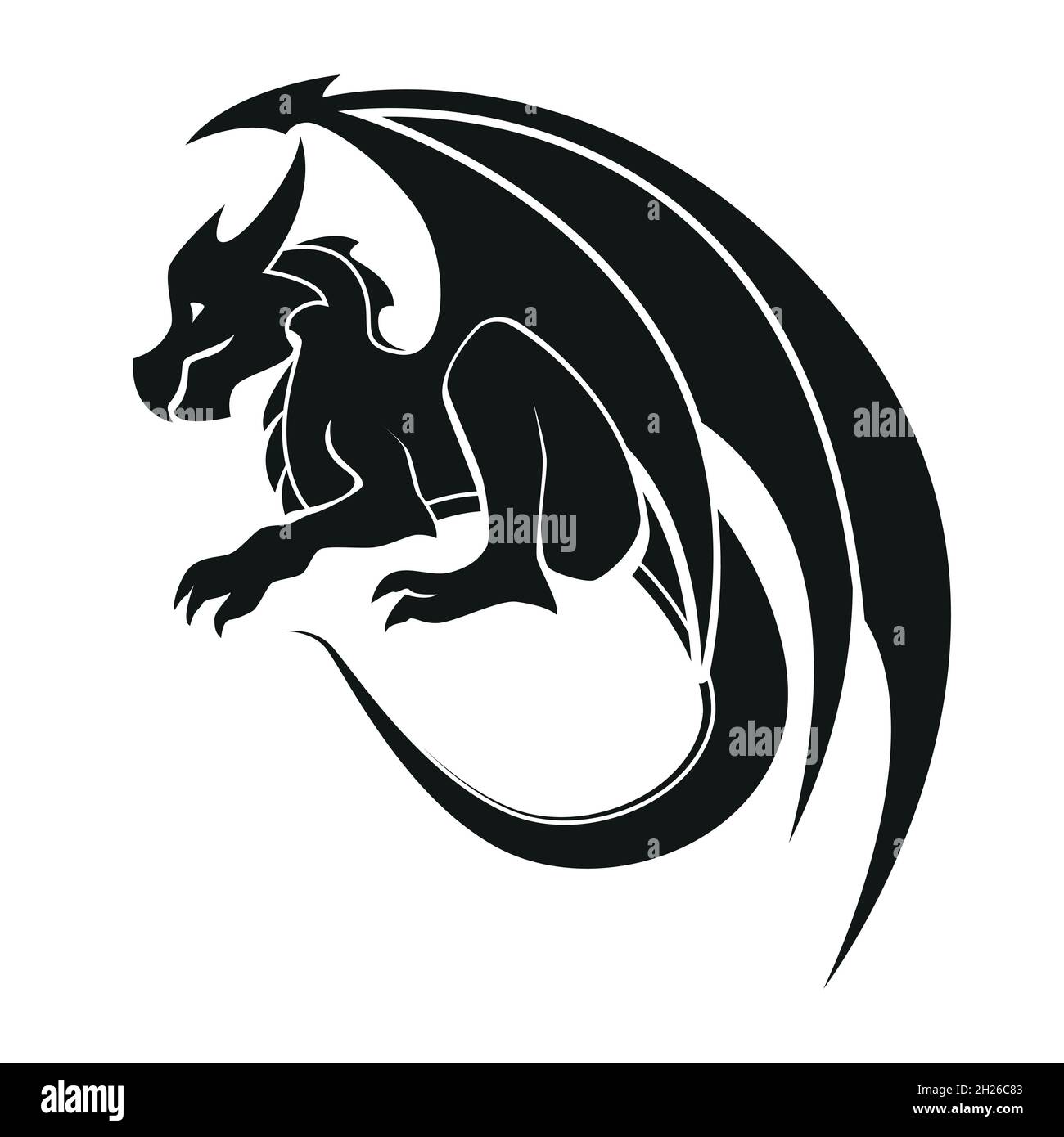 Dragon symbol, black and white silhouette illustration vector Stock