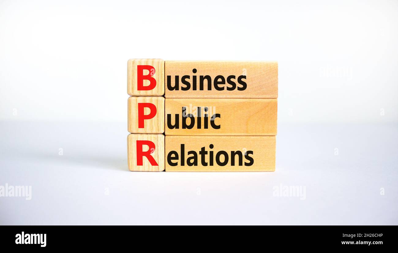 BPR business public relations symbol. Concept words BPR business public relations on blocks on a beautiful white table, white background. Business, BP Stock Photo