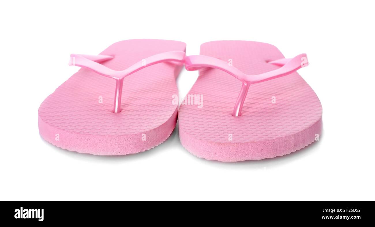 Bright flip flops on white background. Beach object Stock Photo - Alamy