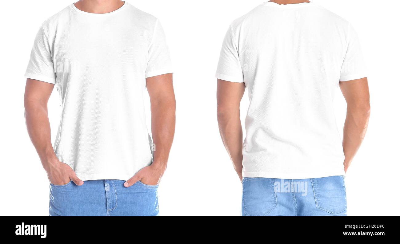 Man in blank t-shirt on white background, front and back views. Mock up ...