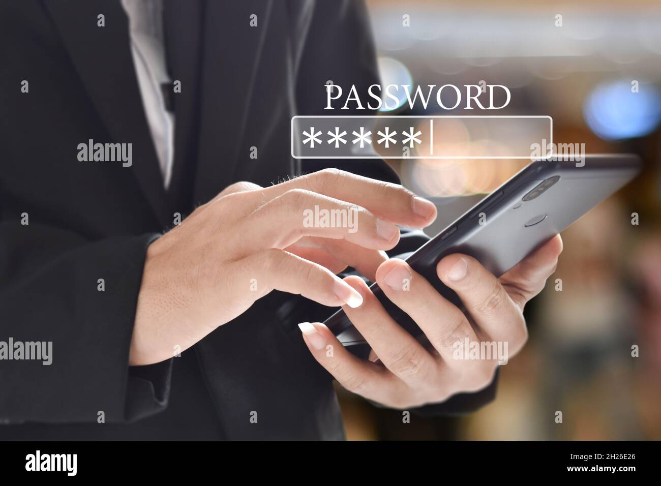 Mobile security concept. Businessman using mobile phone input Password for login. Pass code box in internet browser. Stock Photo