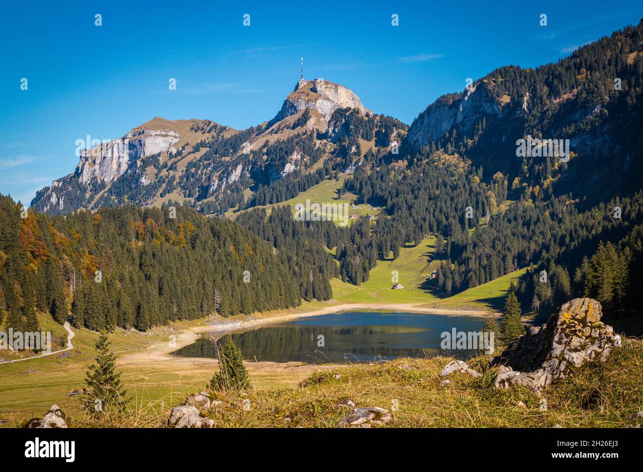 Lake Saemtisersee with the Hoher Kaset mountain in the background Stock Photo