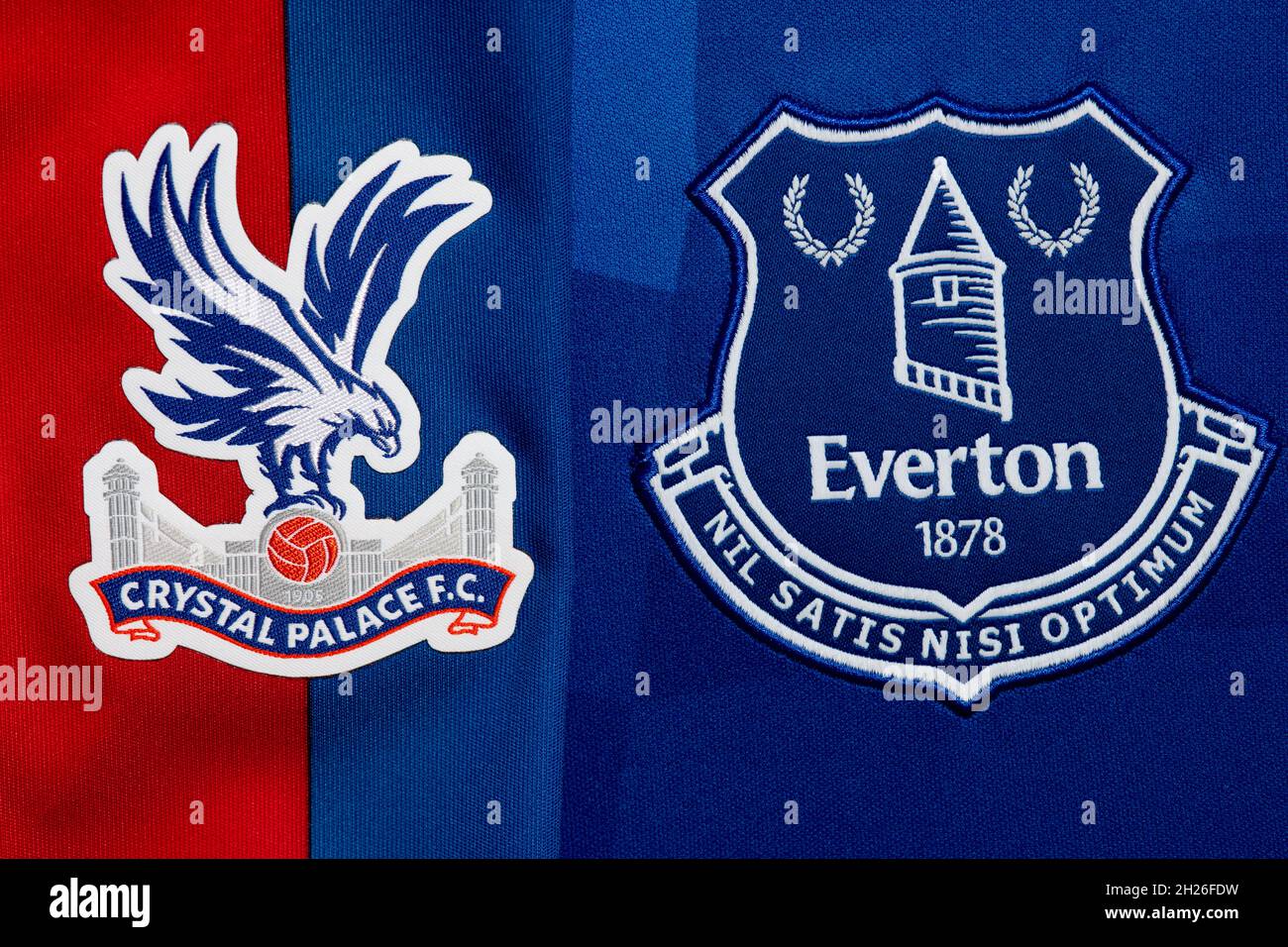 Close up of Crystal Palace and Everton club crest. Stock Photo
