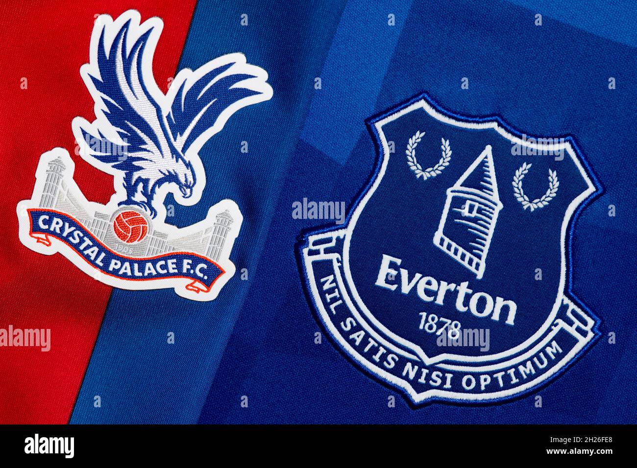 Close up of Crystal Palace and Everton club crest. Stock Photo