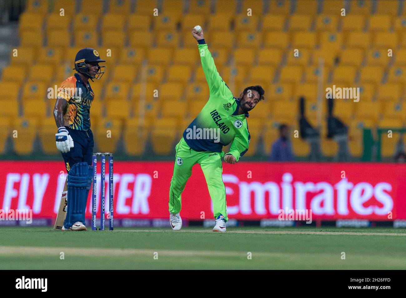 Simi Singh of Ireland bowling during the ICC Mens T20 World Cup match between Sri Lanka and Ireland at Sheikh Zayed Stadium, Abu Dhabi, UAE on 20 October 2021. Photo by Grant Simi Singh of Ireland bowling during the ICC Mens T20 World Cup match between Sri Lanka and Ireland at Sheikh Zayed Stadium, Abu Dhabi, UAE on 20 October 2021. Photo by Grant