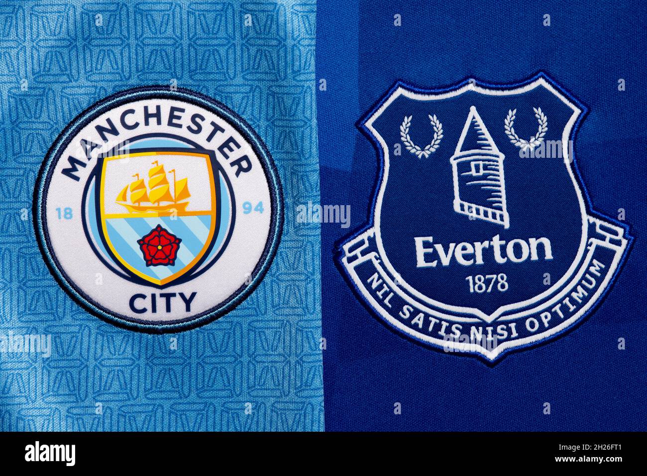 Close up of Man City and Everton club crest. Stock Photo