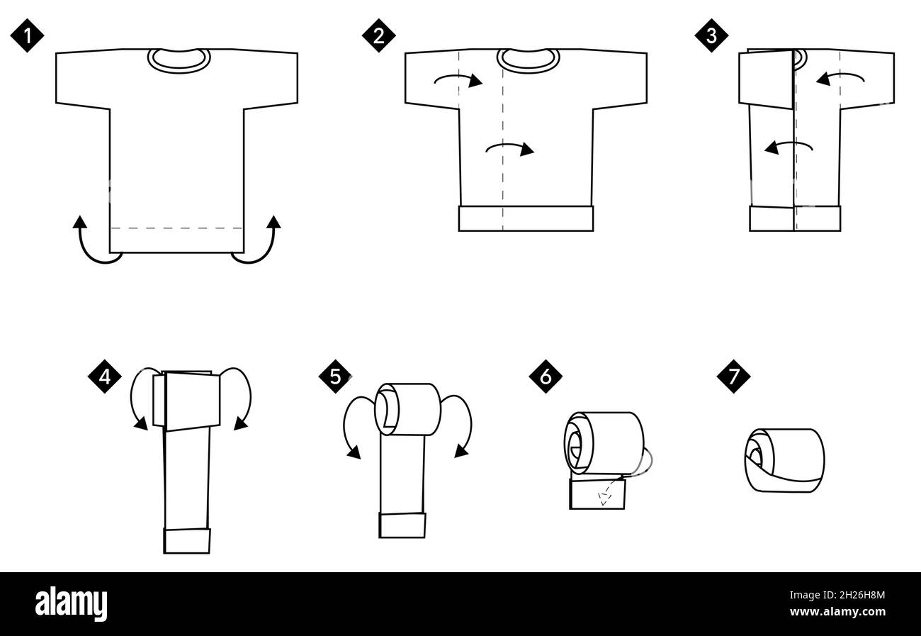 Instruction how to fold t-shirt. Compact clothes storage vector monochrome  black line illustration Stock Vector Image & Art - Alamy