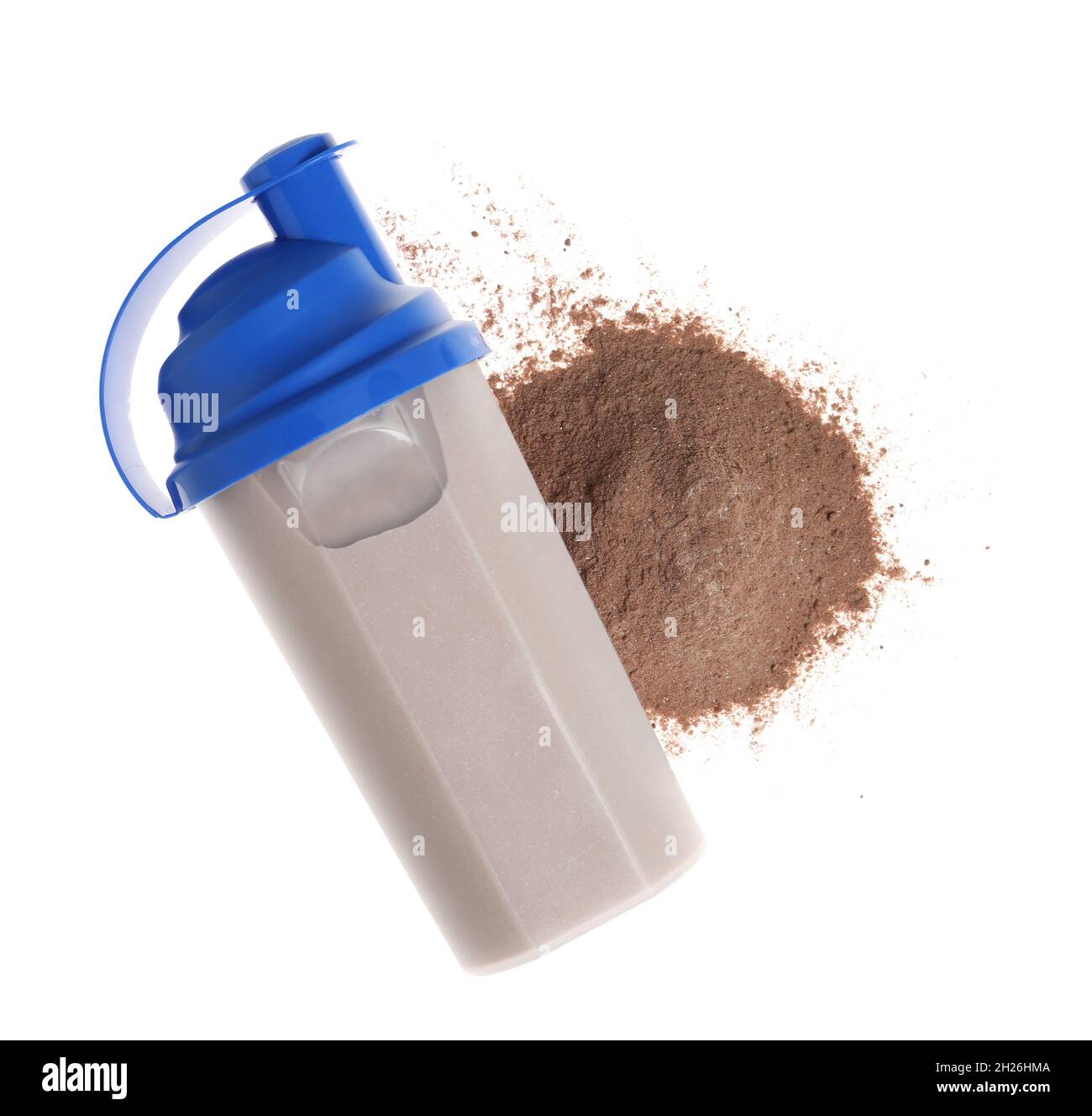 Protein shake in sport bottle and powder on white background, top view