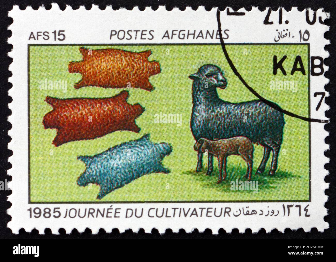 AFGHANISTAN - CIRCA 1985: a stamp printed in Afghanistan shows karakul sheep (ovis ammon aries) with lamb, furs, farmer’s day, circa 1985 Stock Photo