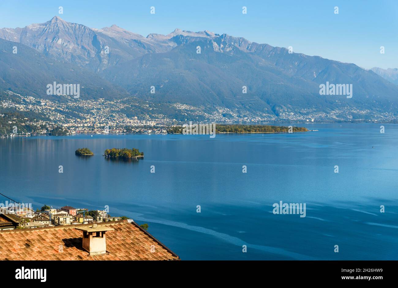 Landscape of Lake Maggiore with Brissago islands from Brissago village in canton Ticino, Brissago, Switzerland Stock Photo