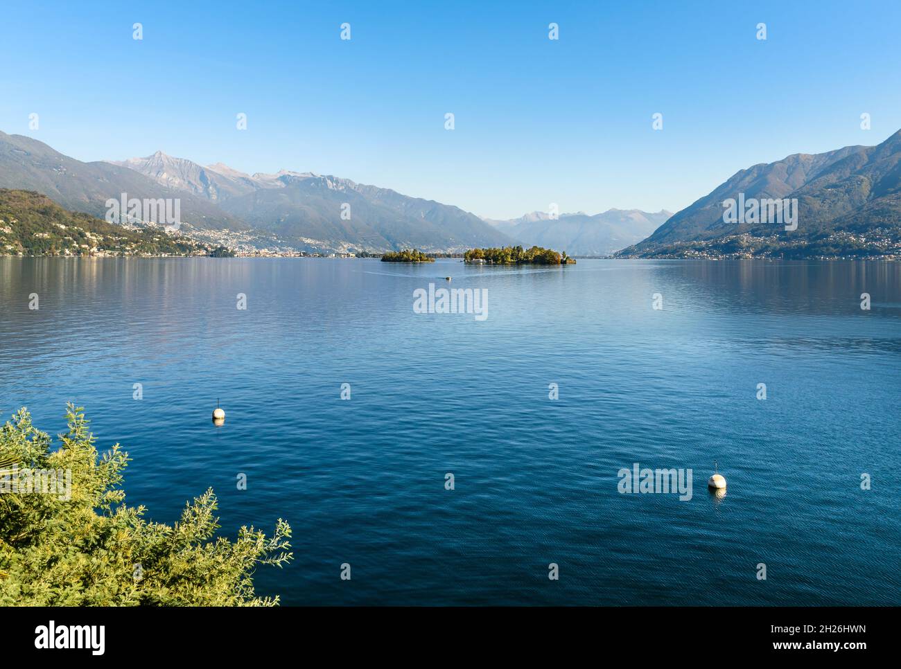 Landscape of Lake Maggiore with Brissago Islands surround of Swiss alps in canton Ticino, Brissago, Switzerland Stock Photo