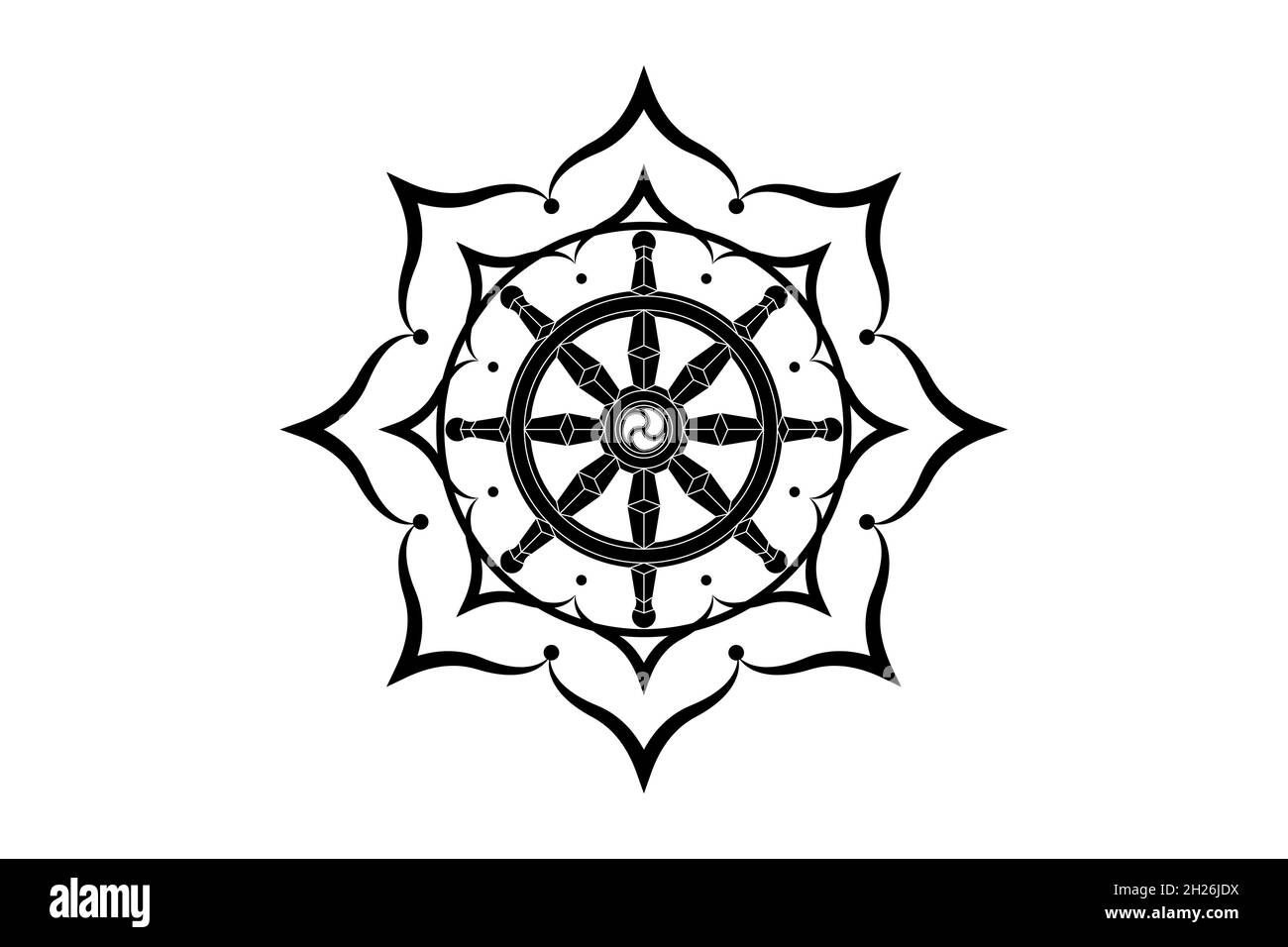 Dharma wheel logo icon. Buddhism sacred lotus flower symbol. Dharmachakra, eight petals. Vector illustration isolated on white background Stock Vector