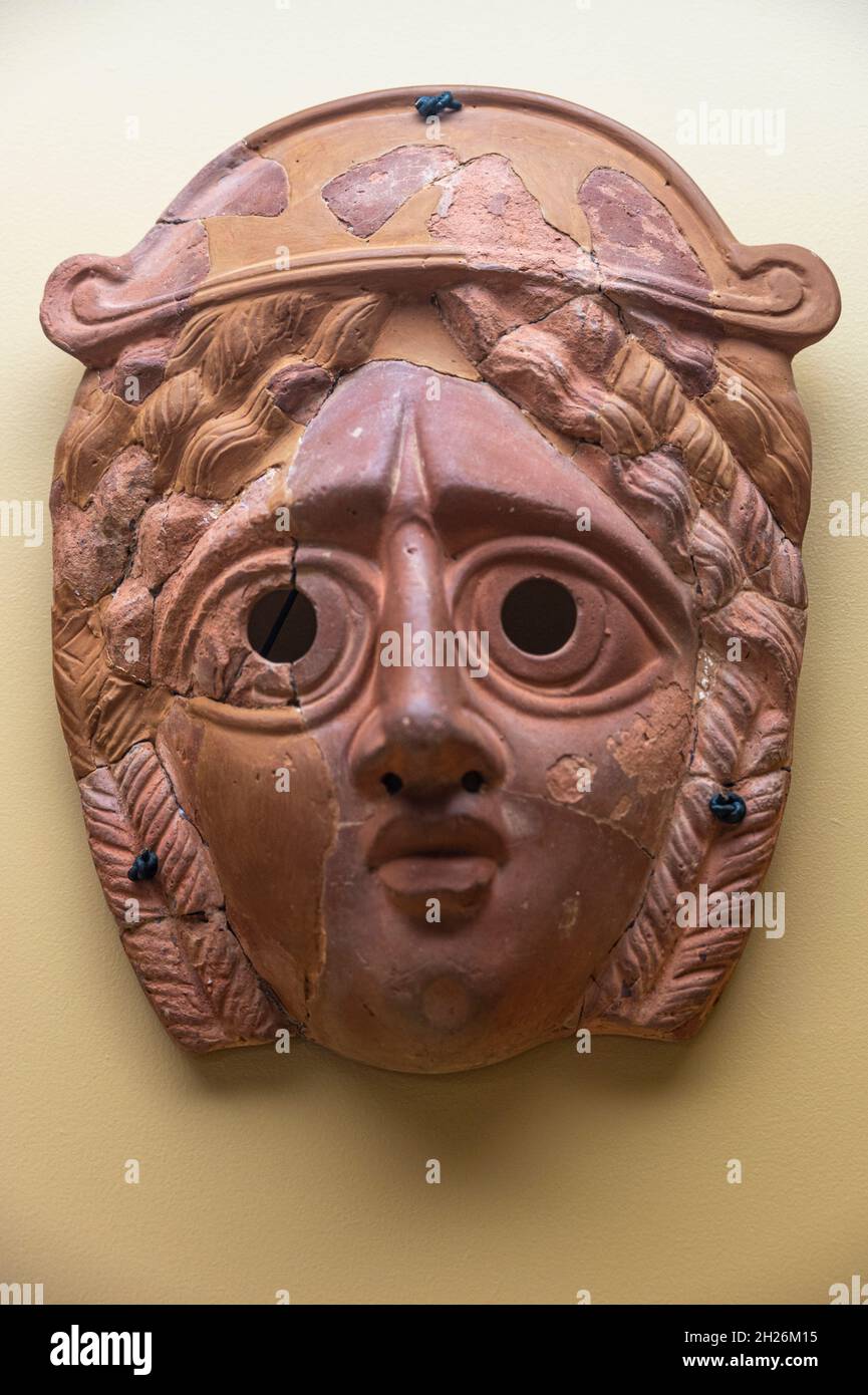 200-250 A.C. terracotta tragic mask for theater found at the Museum of the Ancient Agora Stock Photo