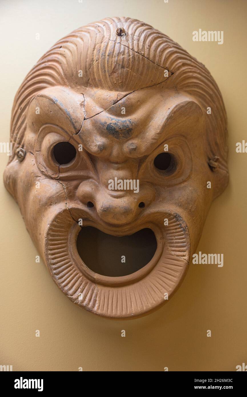 200-250 A.C. terracotta comic mask for theater found at the Mueum for tha Ancient Agora Stock Photo