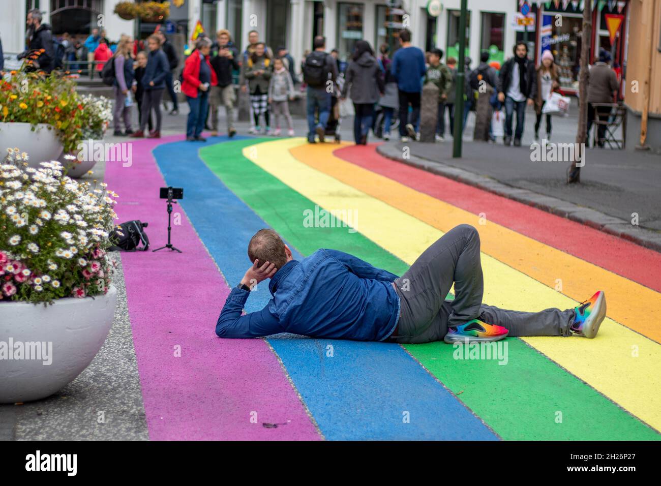 Gay pride Iceland, Skólavörðustígur in Reykjavík painted with a rainbow flag Stock Photo