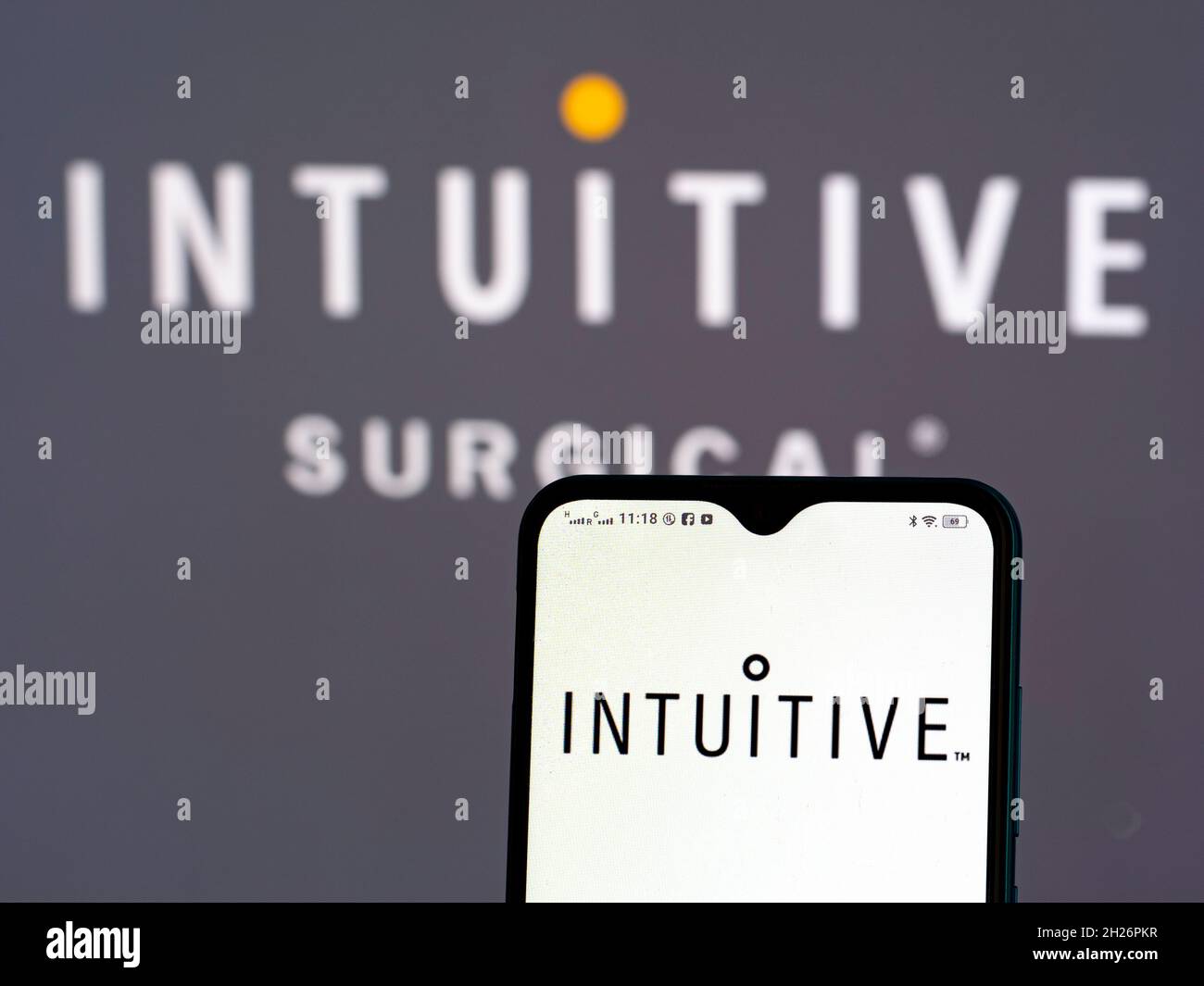 In this photo illustration Intuitive Surgical, Inc. logo seen displayed ...