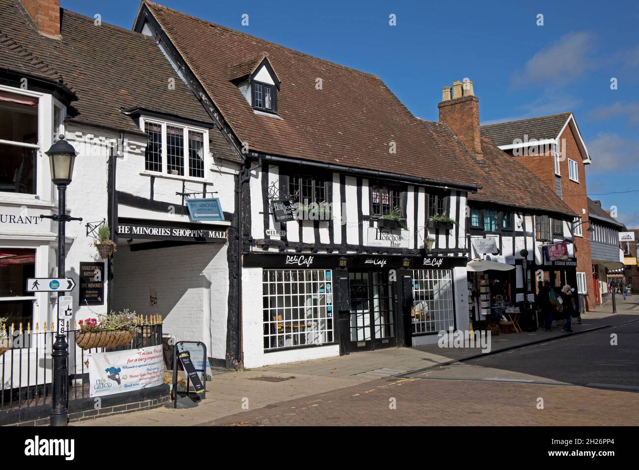Stratford Deli cafe in Meer Street is a black and white half timbered  Grade 2 listed former town house dating back to C16 and restored in 1980 after Stock Photo