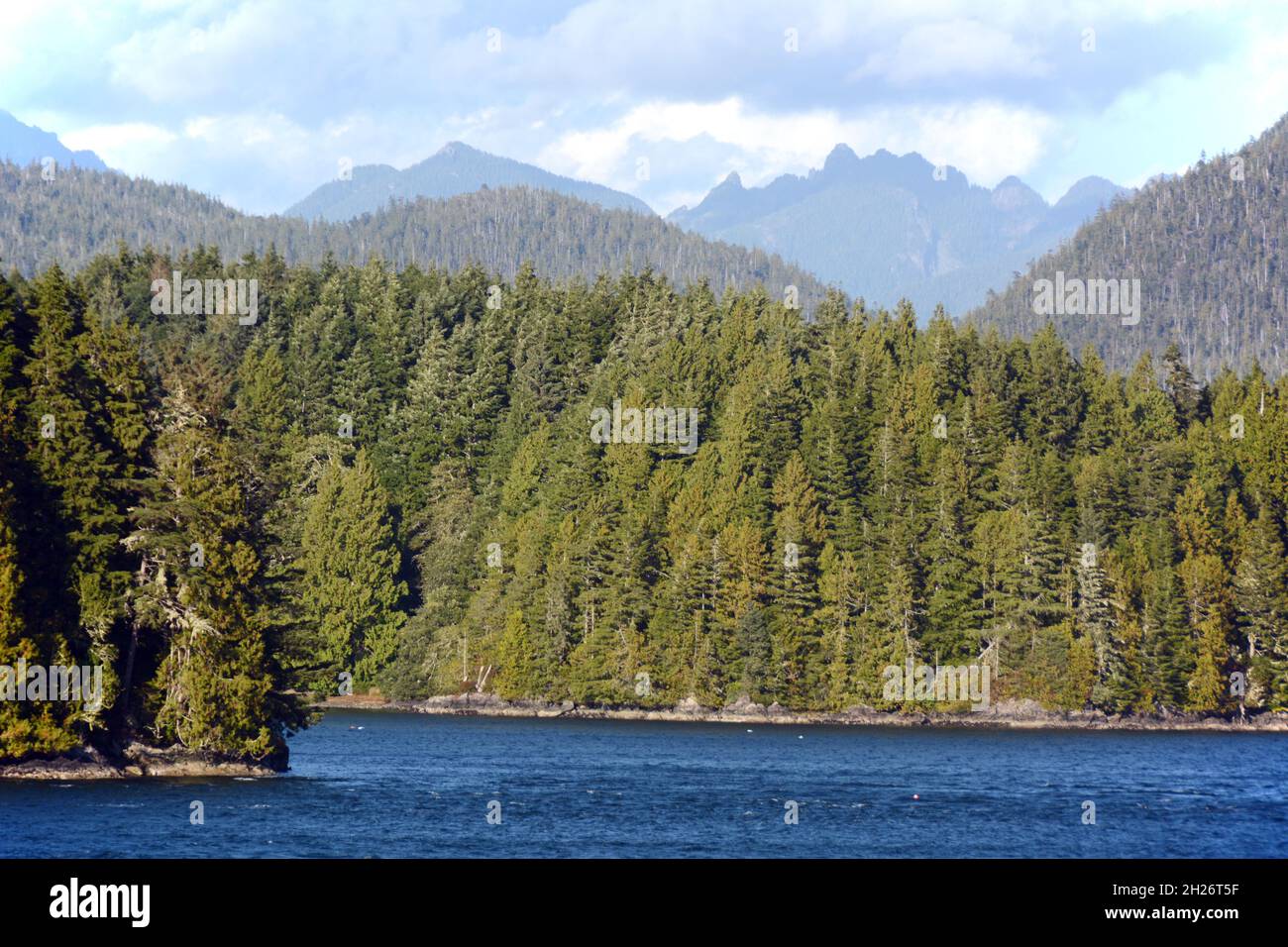 The shores of Meares Island and the distant peals of Strathcona Park, in Clayoquot Sound, near Tofino, Vancouver Island, British Columbia, Canada. Stock Photo
