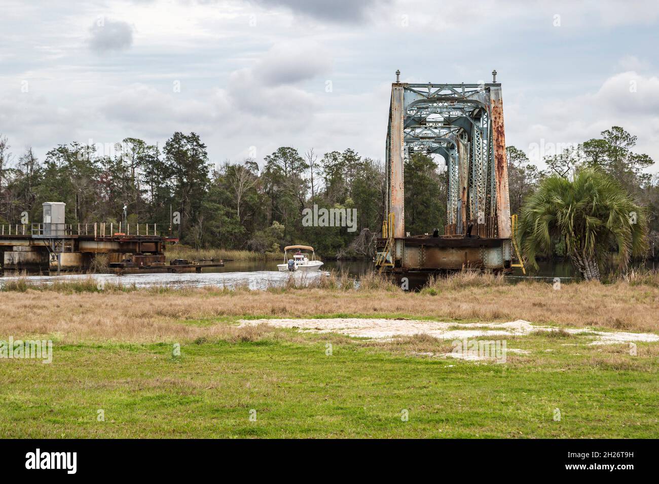 Old CSX railroad through truss swing bridge over the Blackwater river in Milton, Florida Stock Photo